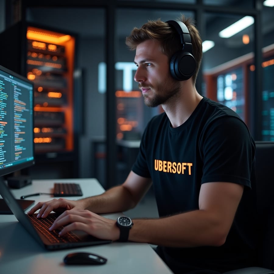 Ubersoft developer coding at a workstation in the studio
