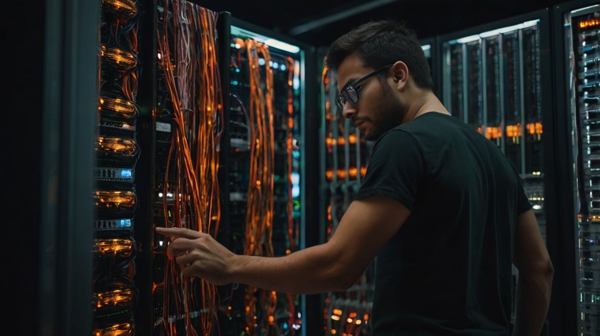 Ubersoft engineer working on server cabling